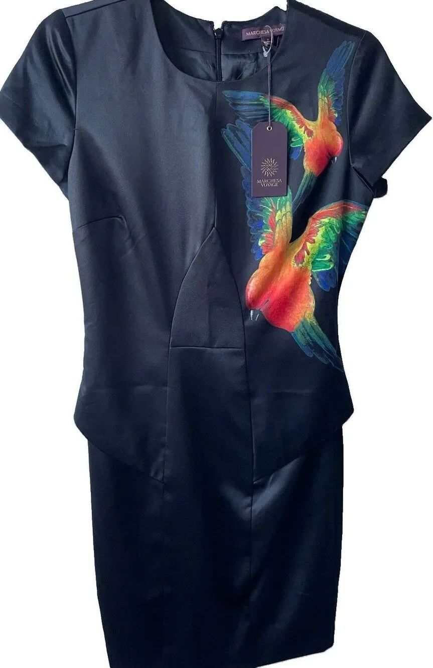 NWT's $450  Marchesa Voyage Sheath Min Peplum Dress Black w/Parrot Size 2